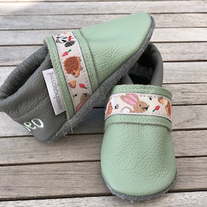 Leather slippers, crawling shoes plain mint/dark gray + woven ribbon (other variants also possible)