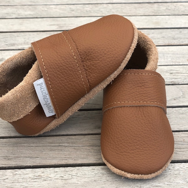 Leather slippers, crawling shoes plain hazelnut (other color combinations also possible)