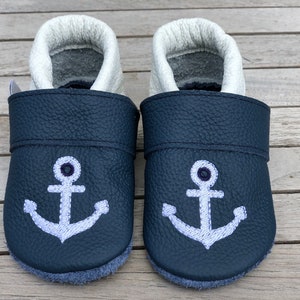 Leather slippers, crawling shoes anchor embroidered navy/white (other colours also possible)