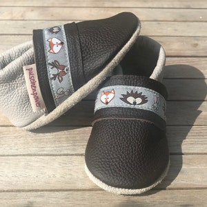 Leather slippers, crawling shoes plain brown/light grey + woven ribbon (other variants also possible)