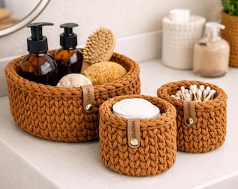 Hand-crocheted cotton storage basket – Caramel crochet basket – Decor & organization – Handmade home accessory