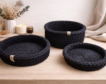 Hand-crocheted cotton storage basket – Black crochet basket – Decor & organization – Handmade home accessory