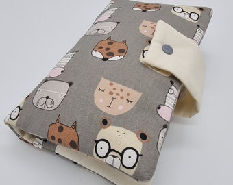 Diaper bag, changing bag for girls and boys, animal heads, grey (with name)