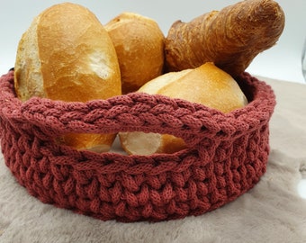 Crochet basket bread basket tray handmade with handle and wooden base