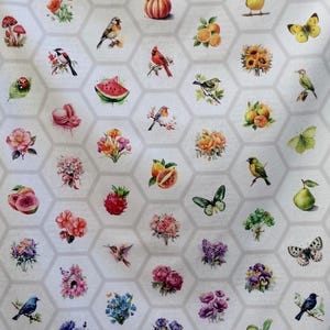 May include: A white fabric with a honeycomb pattern featuring colourful illustrations of birds, butterflies, flowers, fruits, and other natural elements. The fabric is hanging from a wooden clothesline with two clothes pegs.