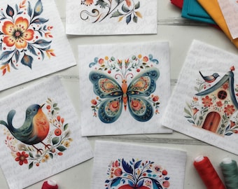 Folk Art Fabric Squares: Charm Pack (5” squares) or Panel - 42 different motifs- Butterfly, Bird, Flowers
