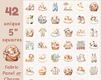Beige/Cream Animal Baby Fabric Squares: 5" Charm Pack (42 squares) or Panel - Quilt, Assorted