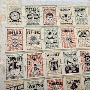 May include: A vintage-style fabric featuring a collection of colourful, illustrated posters with various themes, including casino, barber, motorcycles, brewery, wanted, hot sauce, farmers, rodeo, gentlemen's club, treasure hunters, country music, tequila, whiskey, earthworks, underwater, watch, American muscle cars, and smokers club. The posters have a distressed, faded look, giving them a retro feel.