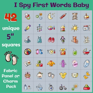FIRST WORDS BABY - 42 sq - 5” - Pacchetto Charm o pannello Block - Quadrati - I spy, bambino, bambini, trapunta, coperta, tessuto