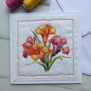 Canna Lilly - Geborduurde kaart - Cadeau - Cadeau - Bruiloft - Pakket van 1 - Geel, Oranje, Roze, stof