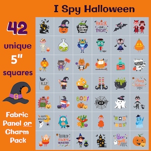 Könnte beinhalten: Ein Set mit 42 einzigartigen 12,7 cm großen quadratischen Stoffpanels oder Charms mit Halloween-Motiven. Die Illustrationen beinhalten Geister, Kürbisse, Hexen, Fledermäuse und andere gruselige Figuren. Die Panels sind perfekt für Bastelprojekte, Scrapbooking oder um Ihrer Wohnkultur einen festlichen Touch zu verleihen.