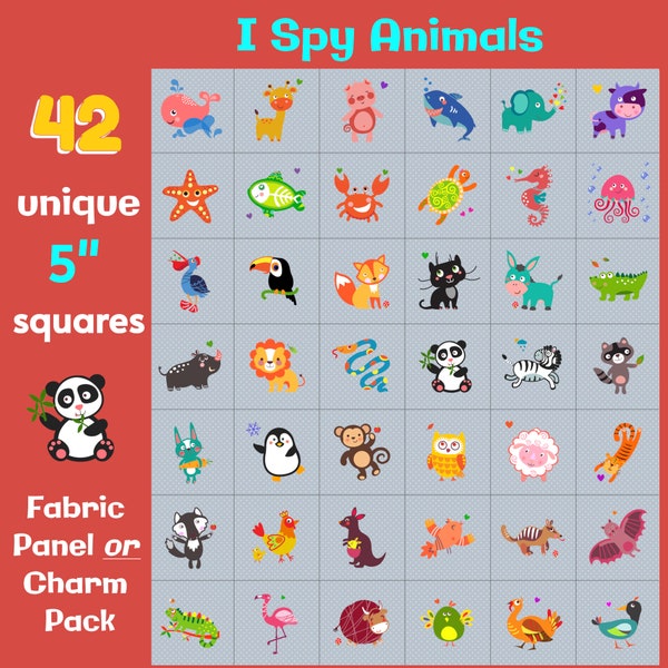 ANIMALS - 42sq - 5”- Charm Pack or Block Panel  - 5in Squares - I spy, baby, kids, quilt, blanket