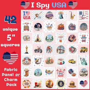 May include: A set of 42 unique 5-inch square fabric panels featuring various American-themed images, including the Statue of Liberty, the Golden Gate Bridge, and Route 66. The panels are ideal for crafting projects, quilting, or creating a patriotic theme.
