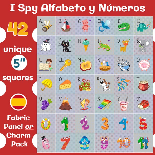 ALFABETO y NUMEROS EspaÑol - 42 sq - 5”-  Charm pack or Panel -  Squares - I spy, baby, kids, quilt, blanket