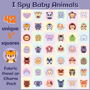 PASTEL - ANIMALS - 42sq - 5”- Charm Pack or Block Panel  - 5in Squares - FABRIC - I spy, baby, kids, quilt, blanket, nursery
