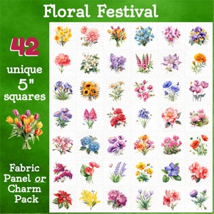 May include: A set of 42 unique 5-inch square fabric panels or charms featuring watercolour illustrations of various flowers. The floral designs include roses, lilies, sunflowers, daisies, and more.