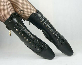 Black PVC Ankle High Ballet shoes Boots with straps corset high heals