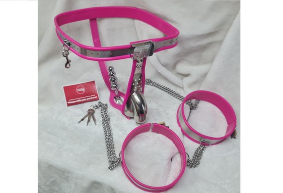 PINK Male Chastity Belt Device KIT Stainless Steel Cage Thigh