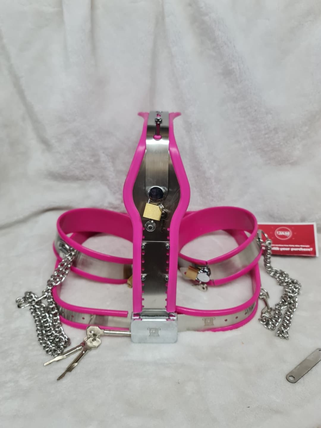 Female Chastity Belt With Thigh Cuffs and Chains WITH 2 PLUGS, Mature