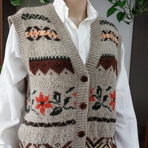 Vintage hand-knitted wool bodywarmer vest for men/knitted button up wool sweater vest/Fair Isle knit vest/Men&#39;s cardigan/Gift for husband/M