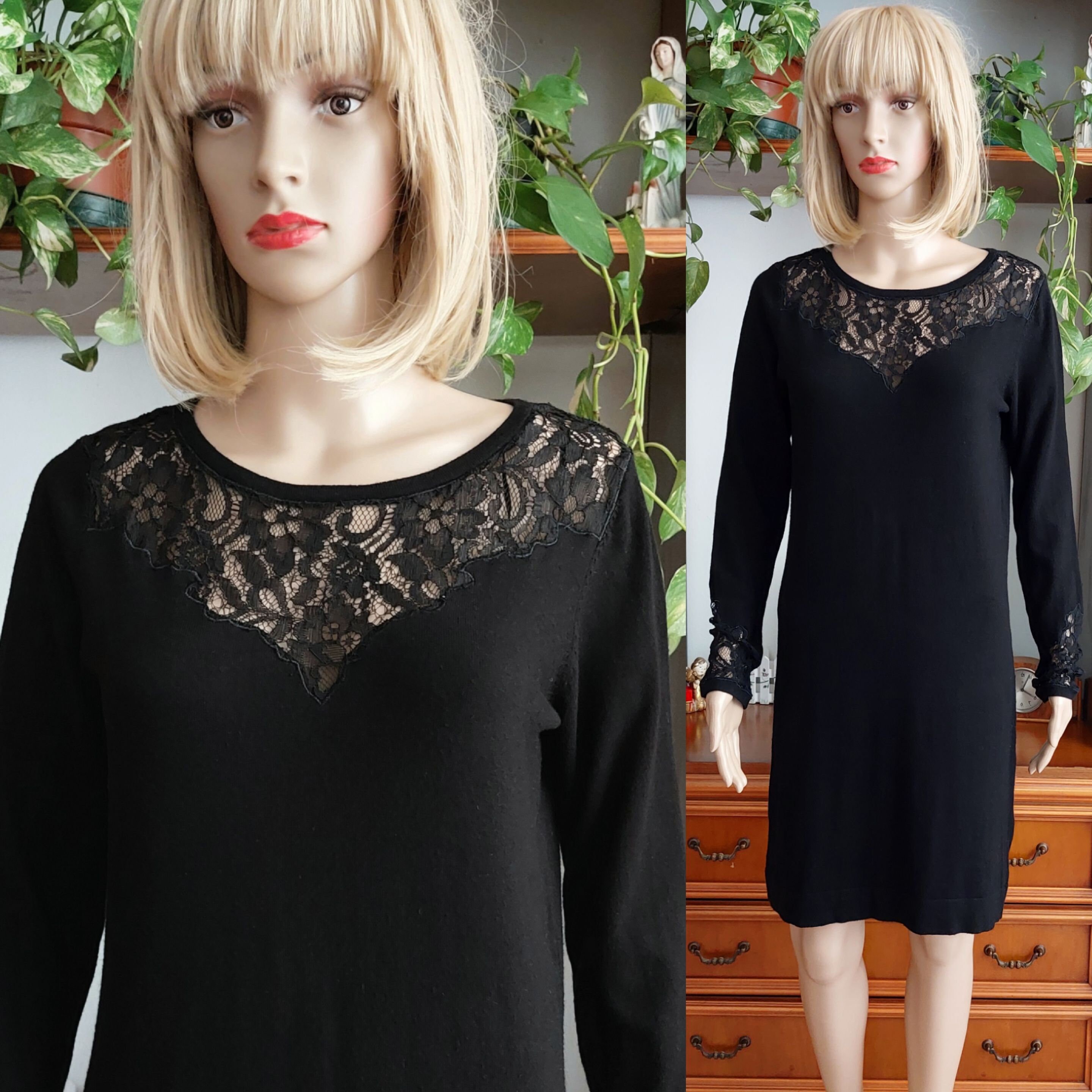 knee length dresses for ladies Weslyn Black Satin Lace High Slit Dress