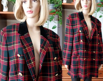 Giacca blazer scozzese da donna vintage in 100% lana schur con bottoni dorati/Blazer elegante con colletto in velluto rossoBlazer in lana primaverile autunnale/2XL