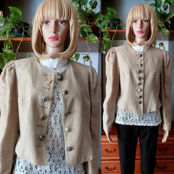 Original vintage österreichischen Trachten Cardigan Blazer Jacke Frauen/Bio 100% Leinen Blazer mit berührenden Knöpfen/Boho Cottage core