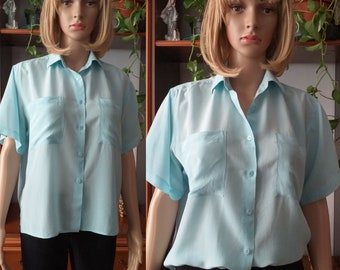 80s silk blouse for women/ Silk blouse short sleeve/Button down Office Secretary silk shirt blouse/Mother's day/Large/Tuxedo shirt women/