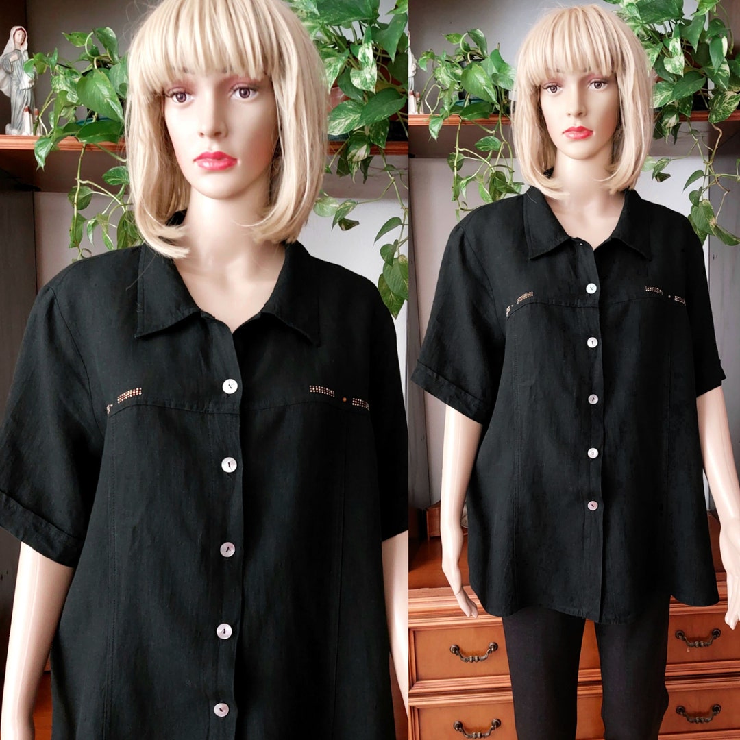 Vintage Black Linen Shirt Made in Italy/ Women's Black Linen Short — free download