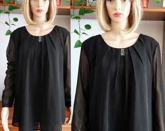 CHARLES VOGELE vintage black semi -sheer blouse with beaded/ Beaded blouse tunic/Cocktail black in chiffon and vickose/Party black blouse/