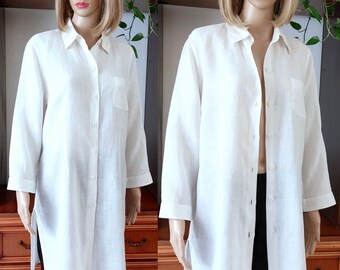 Theresa Konig vintage 100% pure linen dress shirt for women/Long sleeve collar shirt in linen/Linen duster/Long linen shirt dress/Large/