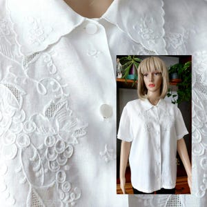 Vintage cutwork linen blouse for women/White hand embroidered linen blouse/Summer short sleeve button down linen blouse/XXL