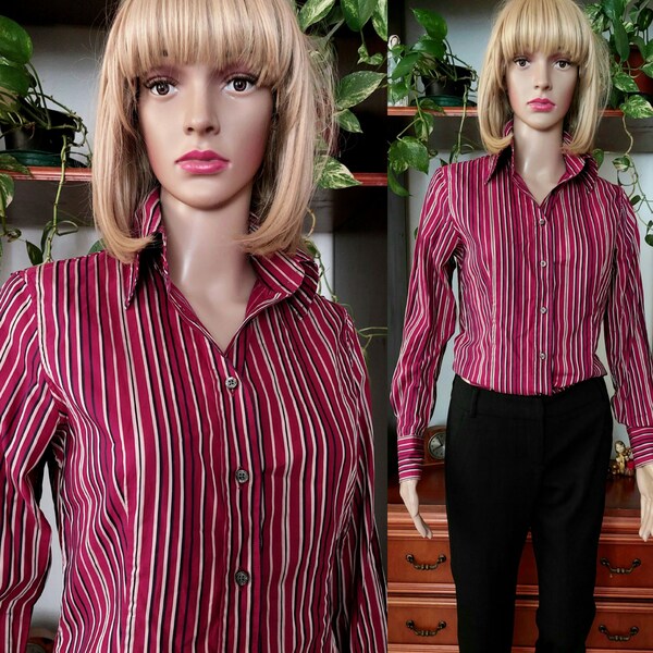 ETRO MILANO vintage striped cotton blouse made in Italy/Designer collar button down blouse shirt Small/