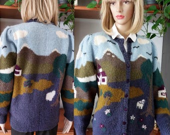 Suéter tipo cárdigan de mezcla de lana tejido a mano vintage con bordado de paisaje/Suéter tipo cárdigan de lana tejido a mano estilo cottagecore/Suéter grueso/XL