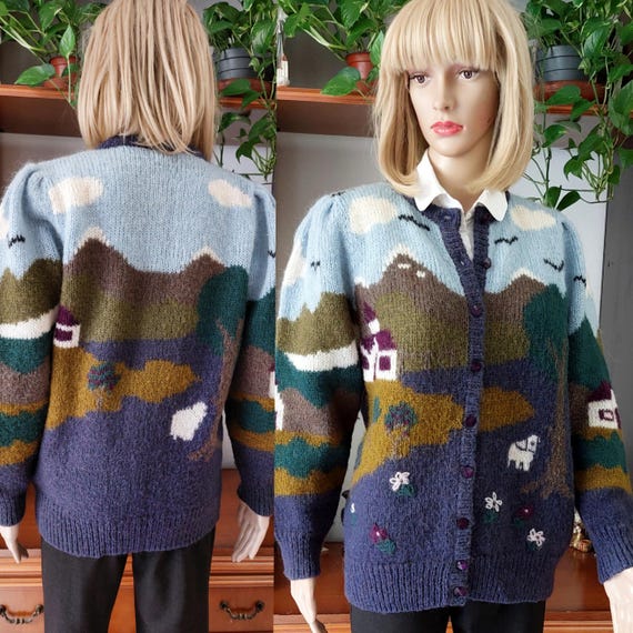 Vintage Hand Knitted Wool Blend Cardigan Sweater With Landscape 