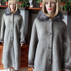 manteau en peau de mouton retournée vintage/Manteau long en peau de mouton retournée pour femme/Manteau en peau de mouton retournée en daim naturel/Manteau d'hiver classique en peau de mouton retournée à manches raglan/XL