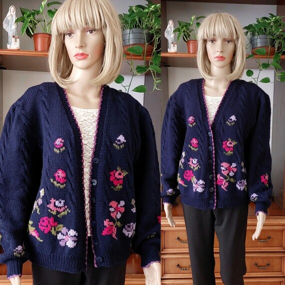 80s Hand Knitted Wool Cardigan With Hand Embroidered Rose Flowers 
