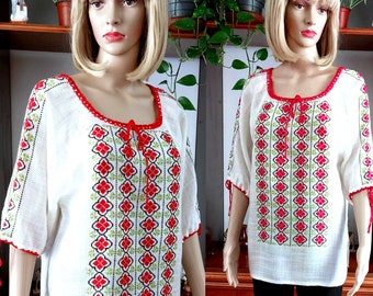 Vintage hand embroidered cross stitch peasant blouse/Germany style cross stitch floral embroidery Folk tunic/Cottagecore Boho shirt/