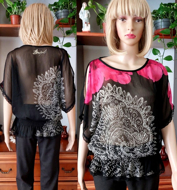 DESIGUAL vintage sheer floral blouse top/Batwing … - image 2