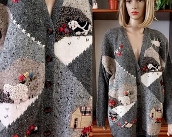 Unique vintage Austrian trachten cardigan with  embroidery mountain landscape/Tyrolean Oktoberfest Folklore wool blend sweater/Cottagecore/