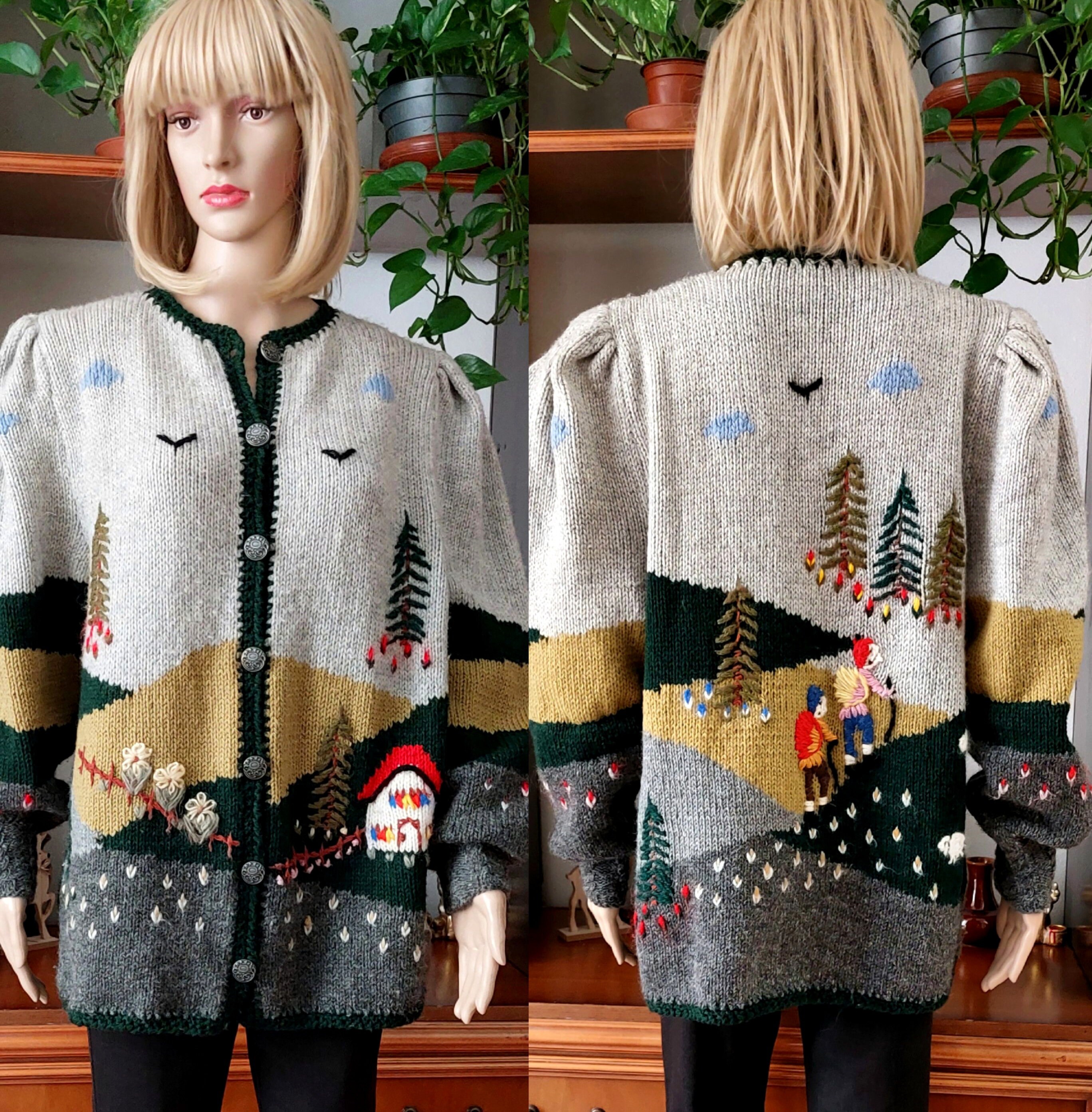 Pull cardigan en laine autrichien vintage unique tricote a la main avec broderie de paysage Cardigan folk Trachten pour femme de l Oktoberfest tyrolienne XL Etsy France