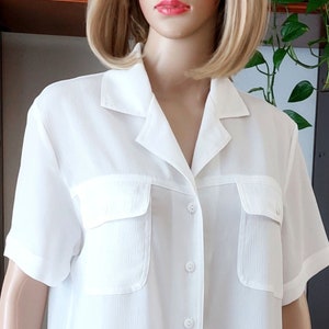 Vintage silk white blouse, Women&#39;s Short sleeve silk button down blouse with pocket,elegant summer silk blouse/Secretary silk shirt/XL