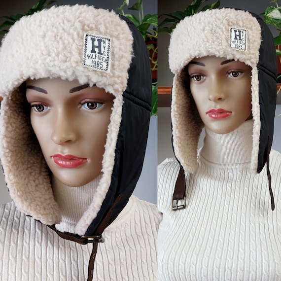 Tommy Hilfiger Vintage Trapper Cap Hat/vintage Bomber Trapper Hat With  Teddy Faux Sherpa/winter Aviator Hat/hunting Cap Hat/large 