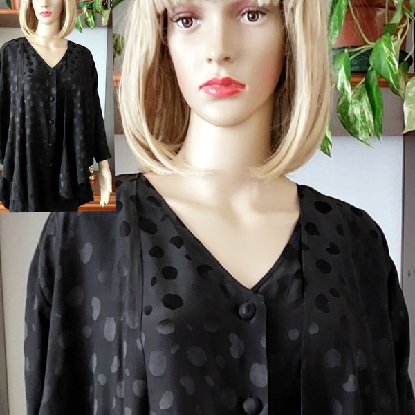70's ANNA MARCHETTI vintage black 100% silk blouse made in Italy/ Designer silk blouse blazer for women/Elegant evening silk dress shirt/L