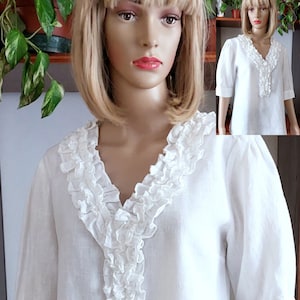 100% linen white ruffle blouse top forwomen/White linen 3/4 sleeves tunic/Secretary linen blouse/Elegant Summer linen top / L