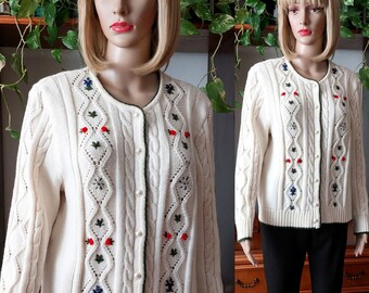 Vintage Austrian  cardigan with hand embroidery/Tyrolean Bavarian  Dirndl cardigan with flower embroidered/Oktoberfest Folk sweater/Large