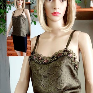 Vintage beaded embellished sequin spaghetti strap camisole for women/Glam Party Top/Evening Fairycore  beaded tank/Silky satin damask top/S