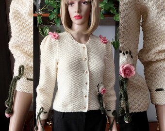 RARE vintage Austrian merino wool  Trachten cardigan with crochet roses/Cottagecore natural sheep wool Boho Folk sweater cardigan/Small/