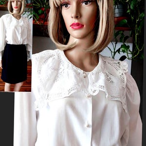 Vintage jaren 1950 opengewerkte blouse met kant geborduurde kraag/witte Edwardiaanse Victoriaanse stijl witte blouse met lange pofmouwen en matrozenkraag
