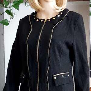 Vintage black studded wool blazer for women/ Designer Elegant black wool blend blazer with zip up/Spring Autumn  warm blazer/ M/US-8